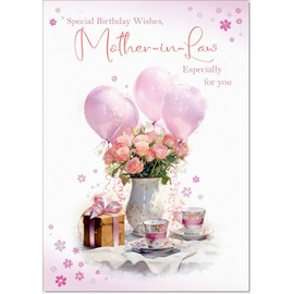 doodlecards Mother-in-Law Birthday Card Tea Party and Balloons Medium Size with Plain Envelope