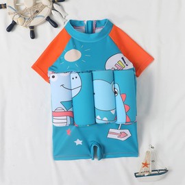 IBTOM CASTLE Toddler Swimsuit Short Sleeve One-Piece Swim Vest Baby Swimwear for Girls Boys Bathing Suit Teal Blue + Orange - Dino 18-24 Months