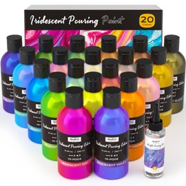 Nicpro 20 Colors Iridescent Metallic Acrylic Pour Paint Supplies Kit, 8.45oz Large Ready to Pour Premixed High Flow Pouring Paint Set with Silicone Pouring Oil, Gloves, Instructions for Beginner DIY