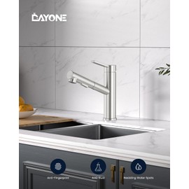 DAYONE Modern Bar Kitchen Faucet with Pull-out Sprayer Brushed Nickel, RV Single Handle Kitchen Sink Faucets Low Arc Stainless Steel, with Deck Plate for 1 3 Holes Sink Install 2 Modes and 360° Swivel