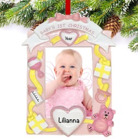 Babys First Christmas Ornament 2022 - Pink Christmas Ornament For Babies - Baby Photo Frame Ornament for Christmas Tree - My First Christmas Ornament - Babies First Christmas Ornament 2022 For Girls