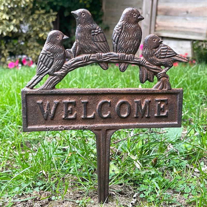 Birds Welcome Sign Lawn Spike Cast Iron Brown Perched Robins