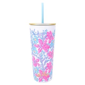 Lilly Pulitzer Double Wall Tumbler with Lid and Reusable Straw, Insulated Travel Cup Holds 24 Ounces (Beachside Haven)
