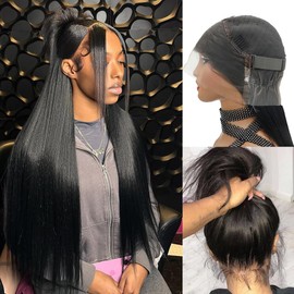 Pobokix Hidden Strap 360 Lace Front Wigs Human Hair 250% Density Straight Human Hair Wigs for Bkack Women 360 Full Lace Wigs Human Hair with Drawstring 9A Natural Hairline (Natural Black, 24Inch)