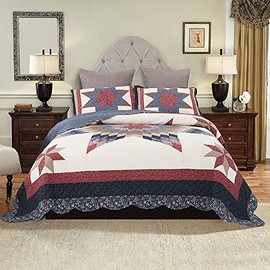 YAYIDAY Cotton Bedspread Quilt Set Queen Size - Breathable Hypoallergenic Summer Bedding Blanket Comforter - Floral Quilted Coverlet with Shams, Modern Print Red Star