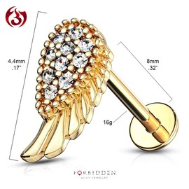 Forbidden Body Jewelry 16g 8mm Internally Threaded Cartilage/Tragus/Labret/Monroe Stud w/CZ Angel Wing Top, 14k Gold Plated