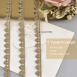 URROMA Gold Heart Lace Trim, 5 Yards Gold Lace Gold Embroidery Lace Ribbon Trim for Sewing, Metallic Crafts Fabric Trim