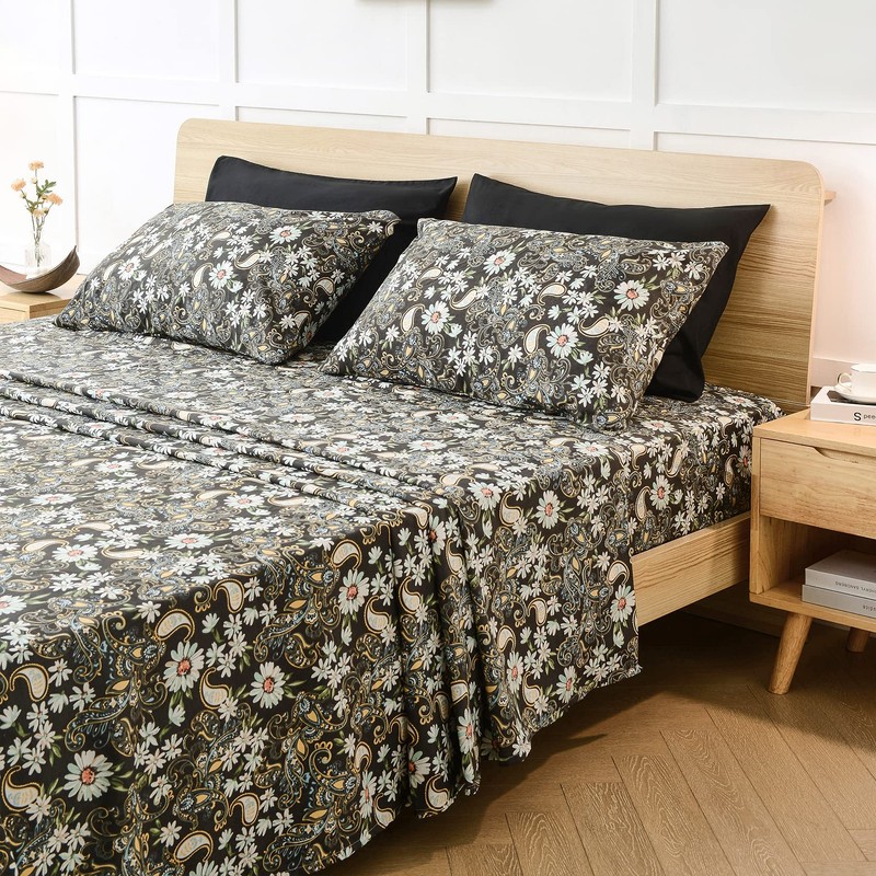 JSD Black Paisley Floral Printed Sheet Set King Size 6