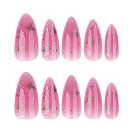MISUD Almond Press on Nails Medium Fake Nails Glossy Glue on Nails Purple Acrylic Nail Supplies Stiletto Artificial Nail Art Gold Star Stick on False Nails with Design DIY 24 pcs