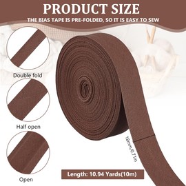 BENECREAT 10m/Roll Wide Bi-Fold Bias Tape Width 18mm Piping Ribbon Bias Tape Border Edge Cotton Twill Tape Cotton Ribbon for Sewing, Edging, Piping Quilting, DIY Coconut Brown