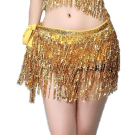 Women Sequin Dance Skirt Belly Dancing Outfit Glitter Tassel Fringe Hip Scarf Rave Waist Wrap Belt Costume for Girls (Gold)