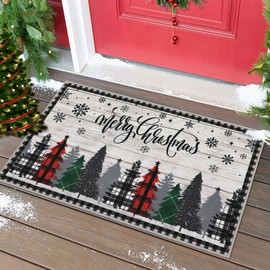 Haperlare Merry Christmas Decorative Doormat 17x29 Non-Slip Low-Profile Buffalo Plaid Welcome Mat for Indoor Outdoor Entrance Doormat Xmas Winter Welcome Door Mat, 17" x 29", Black/White Plaid