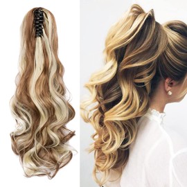 Cybelleza Clip-In Ponytail Extensions Braid Hairpiece Claw Ponytail Hair Extension Like Real Hair Wavy Curly Synthetic Hair Long Hair Heat Resistant Golden Brown & Bleached Blonde