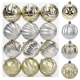 Arborus Set of 12 Christmas Baubles 8 cm Plastic Christmas Tree Baubles Ribbed Decorative Baubles Champagne Christmas Tree Decoration Christmas Tree Decoration Door Wreath Decoration Christmas