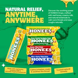 Honees Honey Filled Drops, Variety Pack (Honey, Milk & Honey, Honey Lemon, and Menthol)-Natural Sore Throat Relief - Throat Lozenges, Nothing Artificial - Non-GMO (16 Pack-144 Drops)