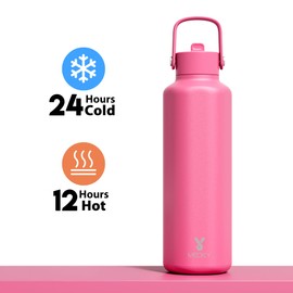 Women Metal Water Bottle for Sports: 710ml Insulated Cold Water Bottle with Straw and Flip Lid - BPA-Free Carry Loop for Work - Commuters Yoga Enthusiasts, Ruby