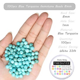 THEDAYEE 100pcs Natural Stone Beads 8mm Blue Turquoise Gemstone Round Loose Beads for Jewelry Making Crafts Bracelets with Crystal Stretch Cord