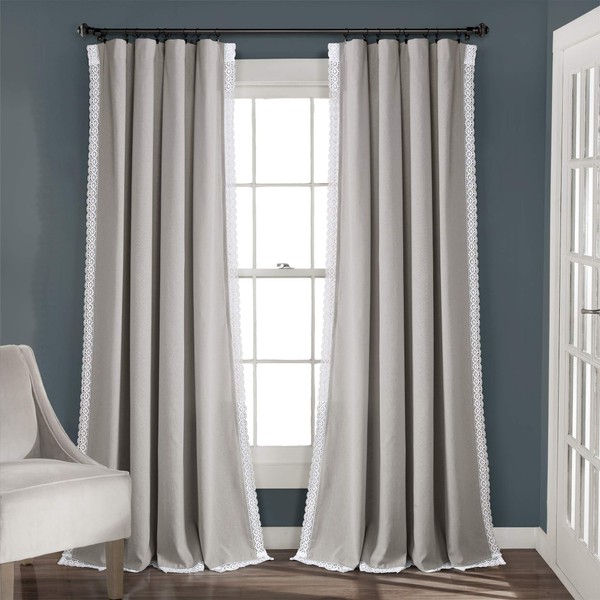 Lush Decor Rosalie Farmhouse Window Curtains Rustic Style Panel Set for Living, Dining Room Bedroom (Pair), 54"W x 84"L, Light Gray