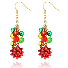 Christmas Earrings for Women Dangling, Christmas Bow Earrings as Christmas Jewelry for Girls, Christmas Dangle Earrings with Bells as Holiday Earrings Xmas Earrings for Ugly Sweater Party