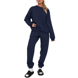 REORIA Women's Cotton Jogging Suit, Crew Neck, Two-Piece Plus Size, Long Sleeve Tracksuit, Leisure Suit, Sports Set, Lounge Set with Fleece Lining, navy