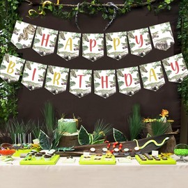 Fangleland Reptile Happy Birthday Banner Decorations - Reptile Themed Hanging Decors Bday Celebration Party Supplies, Snake Alligator Lizard Banner for Boy’s First 2nd Birthday Party