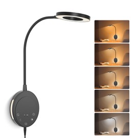 NoeiiT Wall Mounted Reading Light,Bedside Headboard Lights with 5 Color Temperature &5 Dimming,360°Flexible Gooseneck,USB Output, Night Light&Timer Function- Perfect for Reading (Black)