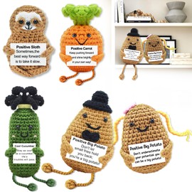 RSZBUMY Emotional Support Crochet Vegetables Animals Potato Pickle Set with Positive Note,Cute Present for Mother Women Coworker Friends,Emotional Support Pack for Decor Desk Home Office(5PCS)