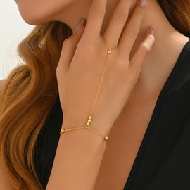 Kyazeo Hand Chain Bracelet for Women 18K Gold Plated Pearl Beaded Moon Star Cubic Zirconia Ring Bracelet Hand Chain Trendy Body Jewlery Gifts