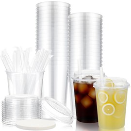 LemonRoad 18 Sets 32 oz Lemonade Cups with Lids Punch-free, Plastic Food Storage Containers, Leak-proof Deli Containers with Lids, Straw, Leak-proof Paper, Microwave/dishwasher/freezer Safe/reusable