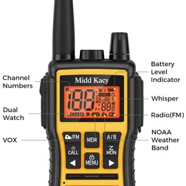 Midd Kacy MK208 Walkie Talkies-Two Way Radio-Rechargeable,61 Channels,121 Privacy Codes,New Flashlight,MEM,IP55 Waterproof,SOS,NOAA Weather Alerts,VOX,Dual Watch-Black/Yellow,2 Pack