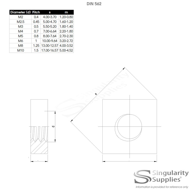 M3 (3mm) Square Nut - Stainless Steel (A2) (Pack of