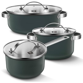 WAGENSTEIGER Set of 3piece Ceramic Coated Stainless Steel Pans & Pots with Tempered Glass Lid, 3-Ply Base with Aluminum Core, All Cooktops, Olive Green, Saute Pan + Stock Pot + Saucepan (0017)