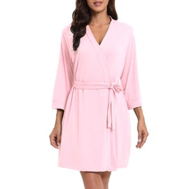 MAGIC ARMOR Women's Bathrobe for Women Lightweight 3/4 Sleeves Bathrobe Sleepwear Kimono Sauna Gown with Deep V-Neck Dressing Gown Pyjamas S-XXL, pink