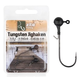 Zite Fishing Tungsten Jig Hook Set, Lead-Free Jig Heads with Fishing Hooks, 1/0-5/0 Matte Black, Ultra Sharp Jigheads Hooks, Bass & Zander Fishing, Rubber Bait Hooks with Fishing Weight (1/0 3.5 g)