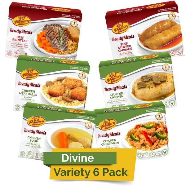 Kosher MRE Meat Meals Ready to Eat (6 Pack Divine Variety - Beef & Chicken) Prepared Entree Fully Cooked, Shelf Stable Microwave Dinner - Travel, Military, Camping, Emergency Survival Protein Food