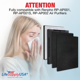 LifeSupplyUSA 3-in-1 True HEPA Air Cleaner Replacement Filter + Pre-Filter + Carbon Filter Compatible with Renpho RP-AP001, RP-AP001S, RP-AP002 Air Purifiers (5-Pack)