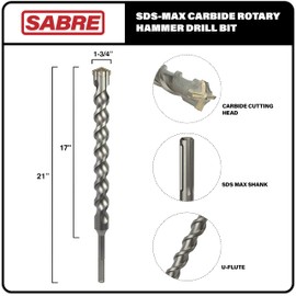 Sabre Tool 1-3/4 Inch x 21 Inch SDS MAX Rotary Hammer Drill Bit, U-Flute, Carbide Tipped for Brick, Stone, and Concrete (1-3/4" x 17" x 21" Double Flute)