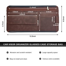 NYTKL Car Sun Visor Organizer, Soft Leather Auto Sunshade Glasses Storage Bag with Multi-Pocket Net Zipper, Scratch-Resistant Vehicle Visor Pocket Eyeglasses Case Note Holder (Brown)
