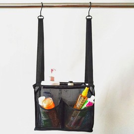 hobbyme Portable Hanging Mesh Bag with 2 Hooks,Easy to Use,Shower Hanging Bag with 4 Storage Pockets,Practical Bath Storage Bag Shower Organizer for Bathroom College Dorm Gym(Black)