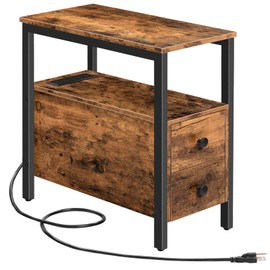 HOOBRO End Table with Charging Station, Narrow Side Table with 2 Drawer & USB Ports & Power Outlets, Nightstand for Small Spaces, for Living Room, Bedroom, Rustic Brown and Black BF541BZ01