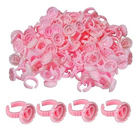 Glue Holder Rings, Pack of 100 Eyelash Glue Holder Ring, Heart Shape Eyelash Ring, Plastic Eyelash Extensions Holder, Eyelash Extension Cup, Eyelash Flower Holder for Eyelash Extensions, Pink