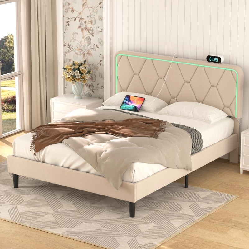 Vecelo Bed Frame with LED Light USB Ports Queen Full