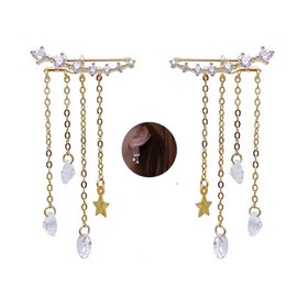 Yheakne Boho Star Ear Jacket Earrings Silver Cz Star Ear Climber Earrings Crystal Chain Tassel Earrings Crystal Ear Crawler Long Chain Earrings Jewelry for Women Gifts (Silver)