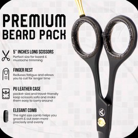 ASIPRO Men's Beard Scissors 5 Inches/12.7 cm Complete Beard Care Set Including Beard Comb, Moustache Comb and Faux Leather Case, Moustache Scissors Professional Beard Scissors Stainless Steel Beard