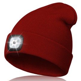 HEYAXA Unisex LED Beanie with Light, Rechargeable Headlamp Hat, Warm Knitted Cap Valentines Day Gifts for Him Men Adults Teens Women Dad (DEEP RED)