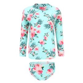 Aisyee Big Girls Two Piece Rash Guard Swimsuits Set Long Sleeve Mermaid Bathing Suits Hawaiian Floral Swimwear Set for Kids Size 14/12-14