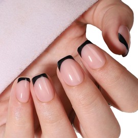 Short Square Press On Nails (Noir French) Reusable Natural Stick On Nails with Glue in 15 Sizes – 32 Soft Gel Fake Nails Kit with French Square Tips