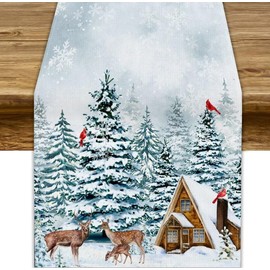 JanJCurt Camino de mesa de bosque de invierno, paisaje de bosque nevado de naturaleza, rústico, ciervo, cardenal, árbol de pino, para decoración de día festivo de temporada, 13 x 60 pulgadas