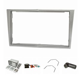 tomzz Audio 2439-033 Double DIN Radio Fascia Set Compatible with Opel Antara Astra H Zafira B Corsa D Tigra Silver Shiny Quadlock ISO Fakra Antennas Phantom Adapter DIN Release Lever