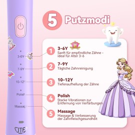 JTF Elektrische Zahnbürste Kinder ab 3 Jahre Schallzahnbürste mit 5 Putzmodi, 4 Bürstenköpfe, Intelligentem Timer, IPX7 Wasserdicht & DIY-Aufkleber Kinderzahnbürste für Mädchen